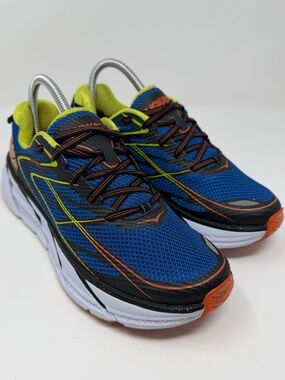 Men’s Hoka Clifton 3 Blue Athletic Running Shoes with Neon Yellow Accents Sz. 7